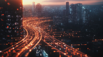 Fototapeta premium Smart digital Innovation city with connection network reciprocity over the twilight cityscape. of future smart wireless digital city and social media networking systems that connects people with city