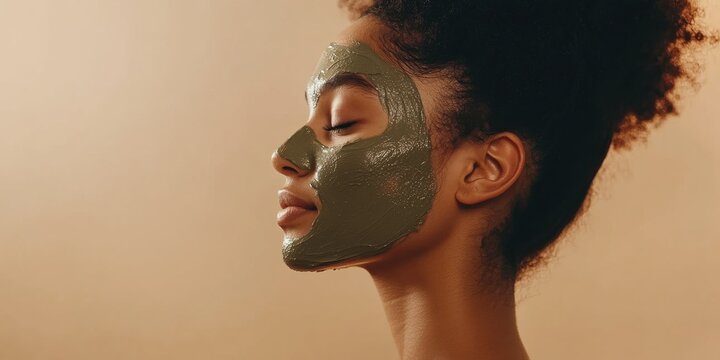 Woman relaxing with green face mask for skincare treatment on calm background