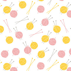 Yarn balls pattern. Yarn seamless pattern with yarn balls, threads, knitting needles, yarn, wool, crochet. Pattern for sewing and knitting collection. Flat vector illustration isolated