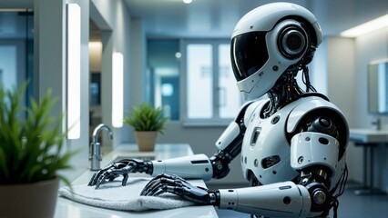 A robot is sitting at a sink, cleaning a towel