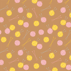 Yarn pattern. Yarn seamless pattern with yarn balls, threads, knitting needles, yarn, wool, crochet. Pattern for sewing and knitting collection. Flat vector illustration isolated