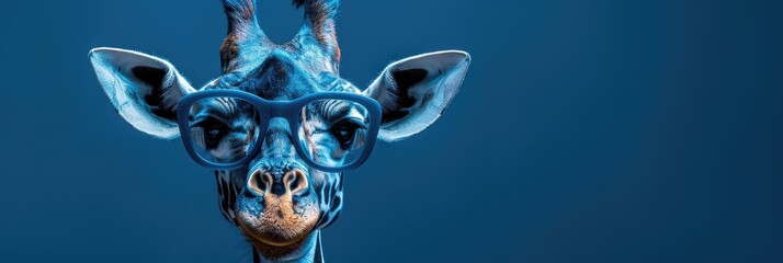 Giraffe wearing glasses against a blue background adds a playful touch to wildlife imagery