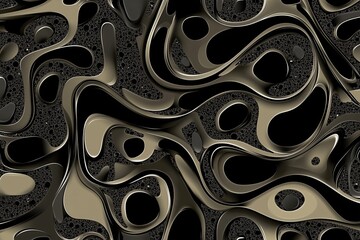 Shapes Pattern in Black and Metallic Gold, Resembling Liquid Metal with Fluid Curves and Wavy Lines, Seamless Abstract Background for Futuristic Technology, Perfect for Digital and Packaging Designs
