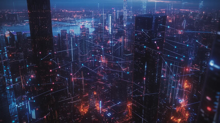 Fototapeta premium Smart digital Innovation city with connection network reciprocity over the twilight cityscape. of future smart wireless digital city and social media networking systems that connects people with city