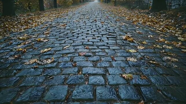 Autumnal cobblestone path, leaves, park, misty background; website banner