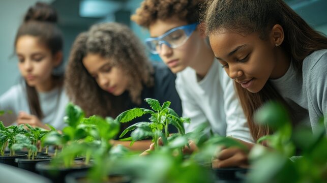 Multiethnic students analyzing plant experiment in school lab. Group of high school students in science laboratory understanding the study of roots. Classmates studying the growth of sprouts.