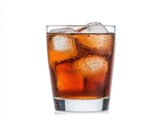 Chilled Glass of Refreshing Cola with Ice Cubes on White Background