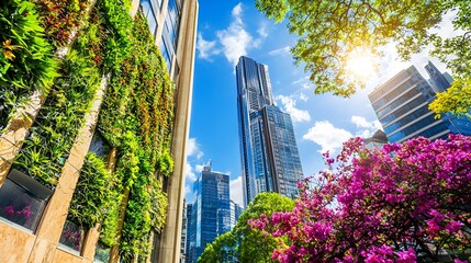 Obraz premium Green wall, skyscrapers, city, vibrant flowers, sunny day, urban nature
