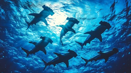 Fototapeta premium A school of hammerhead sharks silhouetted against the deep blue ocean