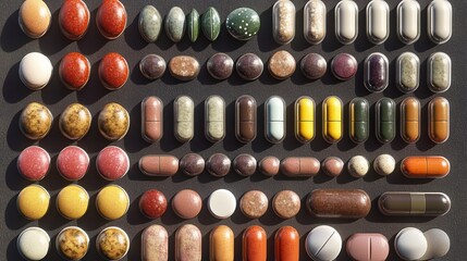 A variety of pills and capsules arranged artistically.