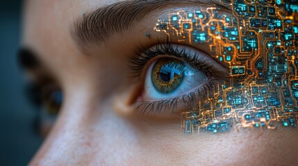 Close-up of a woman's eye with a digital overlay of a circuit board.