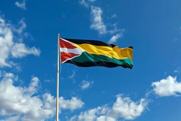 National flag of the Republic of the Congo waving in the wind against the blue sky with sun rays.