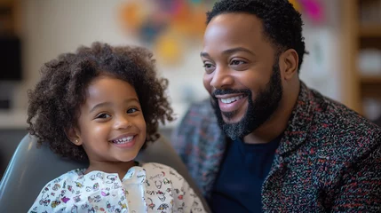 Father and daughter smiling during a dental visit