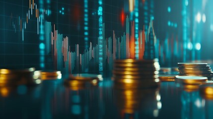 Stacks of gold coins symbolize increasing profits in front of a digital screen displaying stock market data, creating a powerful visual representation of successful financial investments