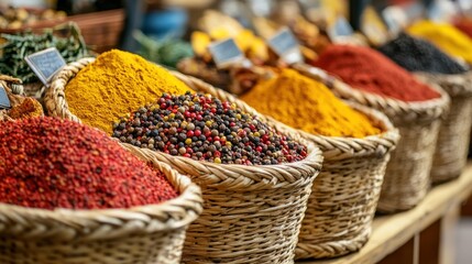Fototapeta premium Colorful spices in woven baskets at a market