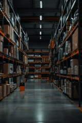 Retail warehouse, distribution center, full of shelves with goods and products in boxes and cartons, with pallets and forklifts. Background Logistics and transportation.