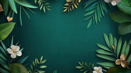 Lush Green Leaves Frame White Flowers Gold Accents