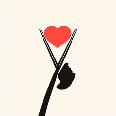 Hand holds heart with chopsticks on solid background, for love or gift themes