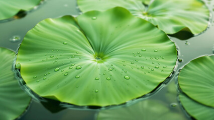 Vibrant Green Lily Pad with Water Droplets on Calm Water, Macro