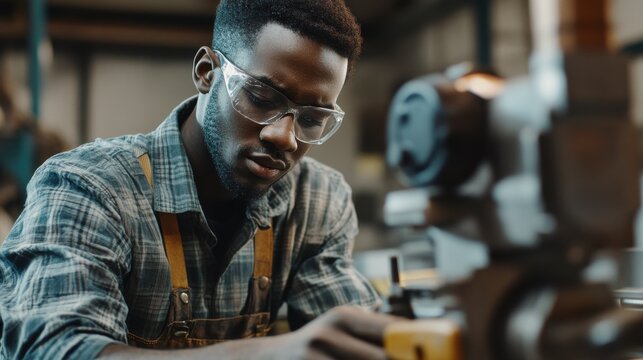 Close up of young concentrated african american industrial man working on cutter indoors in metal workshop.