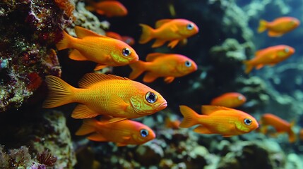 Fototapeta premium A school of vibrant fish swimming near a coral reef in crystal clear tropical waters