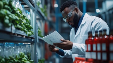 African American male factory worker using notes inspecting goods or product of Basil seed with fruit on shelf pallet at beverage factory. Black employee worker examining bottling at industry factory