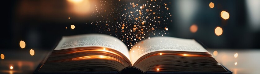 An open book emits a magical glow, surrounded by sparkling particles, creating a whimsical atmosphere that invites wonder and imagination.