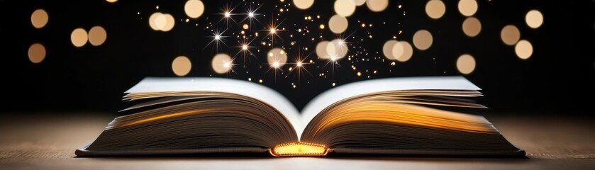 An open book emits a magical glow, surrounded by sparkling lights, creating a whimsical and enchanting atmosphere.