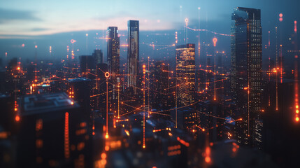 Fototapeta premium Smart digital Innovation city with connection network reciprocity over the twilight cityscape. of future smart wireless digital city and social media networking systems that connects people with city