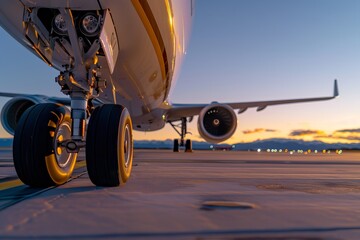 A close-up view of an aircraft wheel and landing gear at dusk, showcasing the sleek design against a colorful sunset backdrop. front wheel of airplane