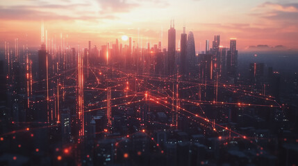 Fototapeta premium Smart digital Innovation city with connection network reciprocity over the twilight cityscape. of future smart wireless digital city and social media networking systems that connects people with city