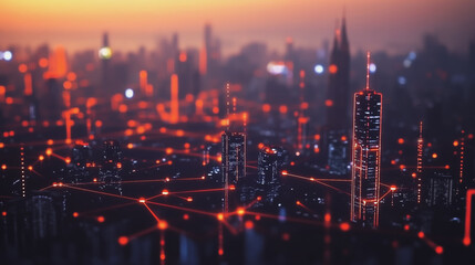 Smart digital Innovation city with connection network reciprocity over the twilight cityscape. of future smart wireless digital city and social media networking systems that connects people with city
