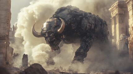 A colossal robotic minotaur stands amidst crumbling ancient ruins, smoke and dust billowing around it.