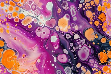 Vibrant fluid art background with orange and purple swirls, abstract acrylic paint cells create cosmic effect perfect for modern interior design and creative projects.