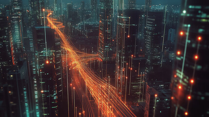 Obraz premium Smart digital Innovation city with connection network reciprocity over the twilight cityscape. of future smart wireless digital city and social media networking systems that connects people with city