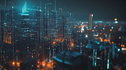 Obraz premium Smart digital Innovation city with connection network reciprocity over the twilight cityscape. of future smart wireless digital city and social media networking systems that connects people with city