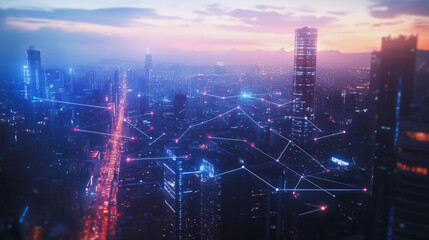 Fototapeta premium Smart digital Innovation city with connection network reciprocity over the twilight cityscape. of future smart wireless digital city and social media networking systems that connects people with city