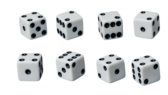 A white gaming die with black dots , symbolizing luck, chance, and strategy in board games, role-playing adventures, and casino excitement. transparent background

