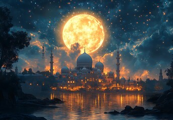 Obraz premium Fantastical Nightscape with a Large Moon Over a Domed City, Reflecting on Water Under a Starry Sky