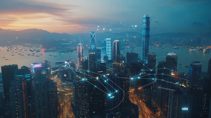 Fototapeta premium Smart digital Innovation city with connection network reciprocity over the twilight cityscape. of future smart wireless digital city and social media networking systems that connects people with city