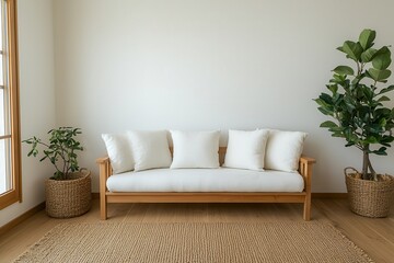 Natural materials for a zero waste lifestyle. Minimalist living room with a cozy sofa and indoor plants.