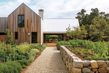 Obraz premium A contemporary home featuring a charming wooden exterior, nestled among a vibrant garden and a winding gravel pathway, all bathed in the warm sunlight of a beautiful countryside day