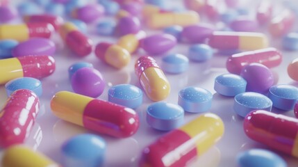 Close-up of colorful pills and capsules on a clean, white surface, symbolizing healthcare and pharmaceutical solutions