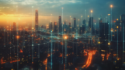 Fototapeta premium Smart digital Innovation city with connection network reciprocity over the twilight cityscape. of future smart wireless digital city and social media networking systems that connects people with city 