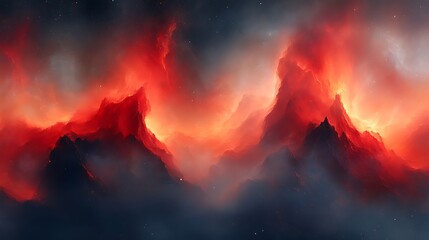 Fototapeta premium Fiery Volcanic Mountains in a Red Nebula Landscape