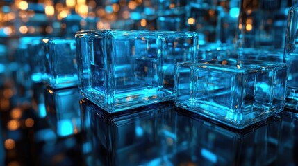 A close-up view of a transparent blue 3D bar chart illustrating a rising trend.