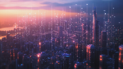 Fototapeta premium Smart digital Innovation city with connection network reciprocity over the twilight cityscape. of future smart wireless digital city and social media networking systems that connects people with city 