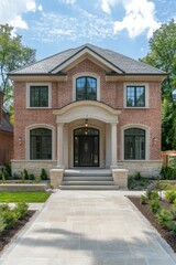 Obraz premium A beautiful brick house featuring expansive windows and a meticulously landscaped garden, basking in the warmth of a sunny day in a charming suburban neighborhood