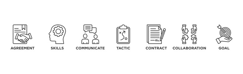 Negotiation banner web icon vector illustration concept for business deal agreement and collaboration with icon of skills, communicate, tactic, contract, and goal	