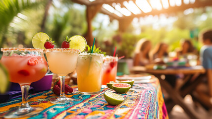 Vibrant outdoor setting with multiple Margarita drinks on a Mexican patio.